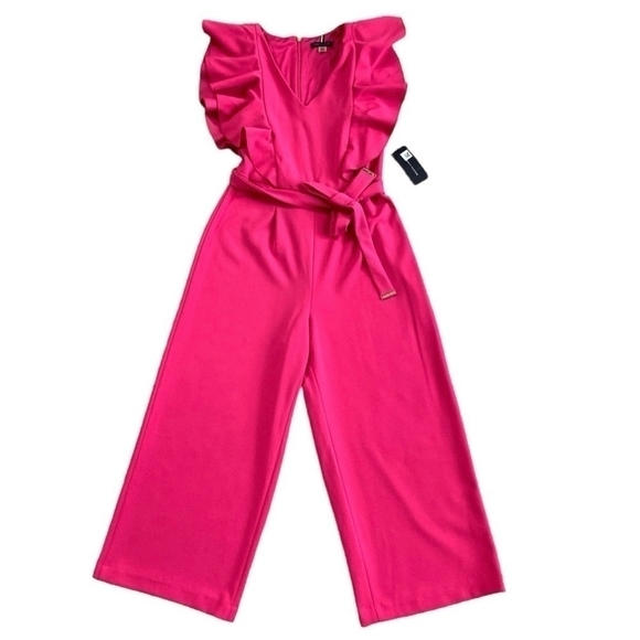 NWT Women Jumpsuit Tommy Hilfiger V Neck Ruffled Sleeveless Cropped Leg Jumpsuit - Picture 2 of 6